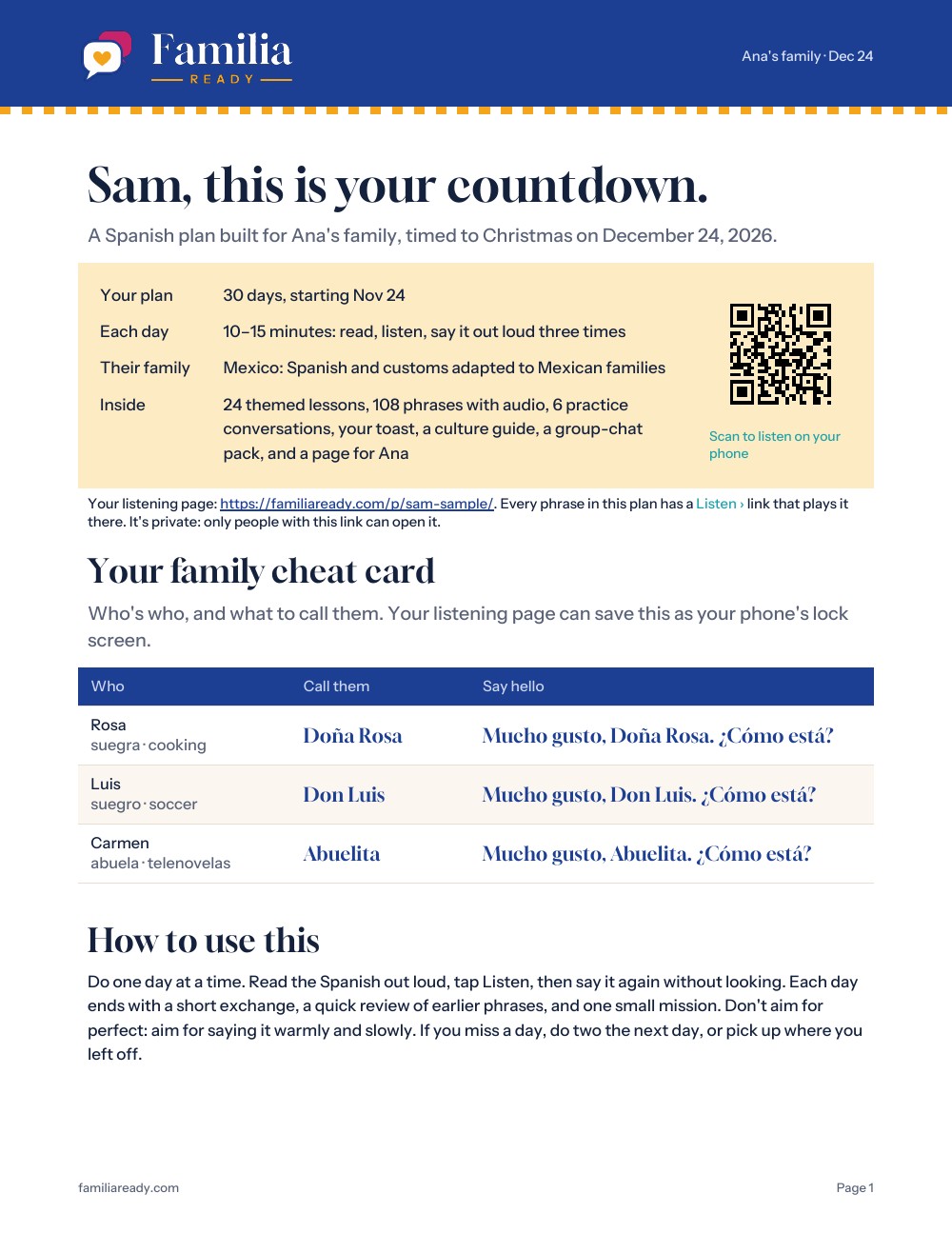 Sample plan cover: the family cheat card